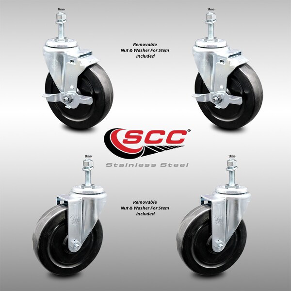 Service Caster 5 Inch SS Hard Rubber Wheel Swivel 10mm Threaded Stem Caster Brakes, 2PK SCC-SSTS20S514-HRS-M1015-2-TLB-2 - main